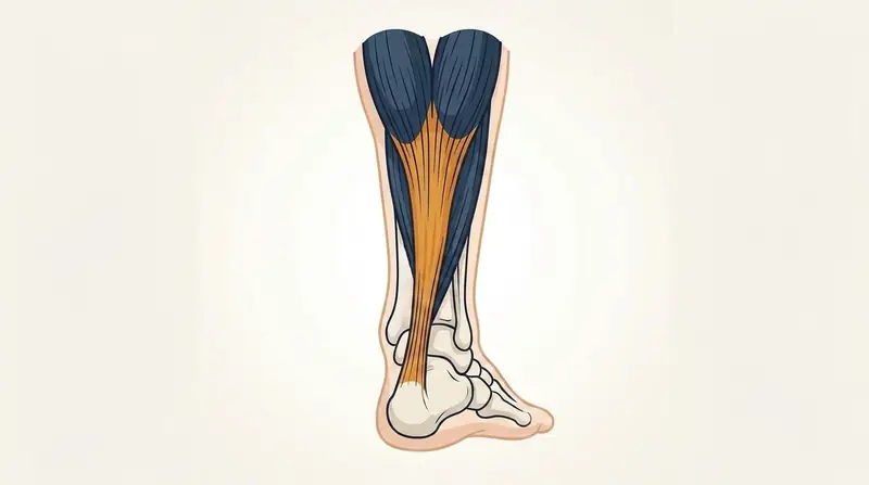Illustration of the posterior lower leg showing the gastrocnemius and soleus muscles joining to form the Achilles tendon, which inserts on the calcaneus (heel bone).