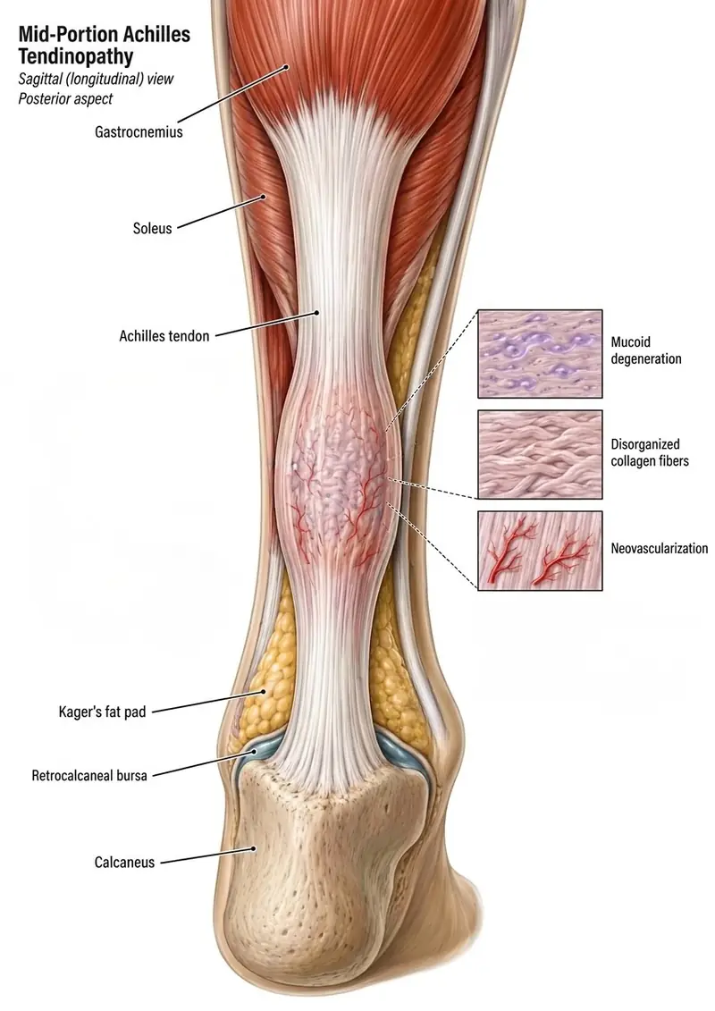 Anatomical illustration of mid-portion Achilles tendinopathy: fusiform thickening 2 to 6 cm above the calcaneal insertion, with insets showing mucoid degeneration, disorganized collagen fibers, neovascularization, and a partial-thickness tear.