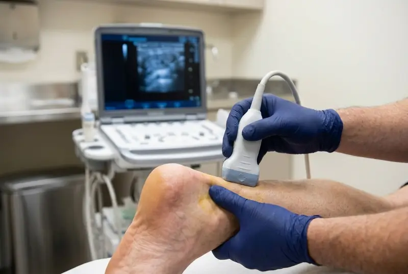 Clinician performing a diagnostic musculoskeletal ultrasound of a patient's Achilles tendon with a handheld probe, the ultrasound machine displaying the scan in the background.