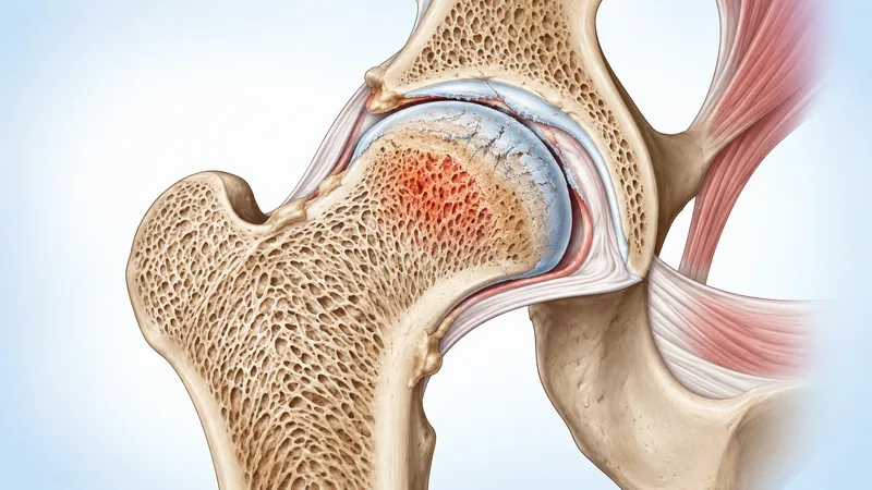 Illustrated front-view cross-section of a hip with osteoarthritis: worn cartilage on the ball of the thigh bone, narrowed joint space, a bone marrow lesion beneath the worn area.