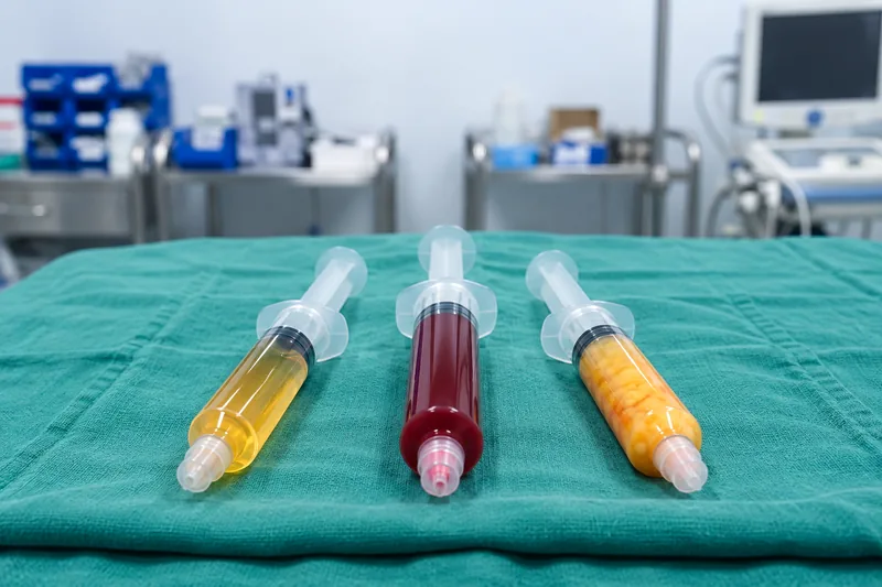 Three capped syringes on a green procedure drape: golden PRP, dark red bone marrow concentrate, and yellow microfragmented fat.