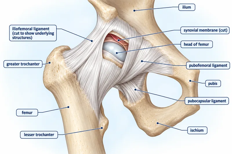 Labeled illustration of the front of the hip showing the iliofemoral, pubofemoral, and pubocapsular ligaments wrapping the joint between the pelvis (ilium, pubis, ischium) and the femur, with the greater and lesser trochanter, head of femur, and cut synovial membrane marked.