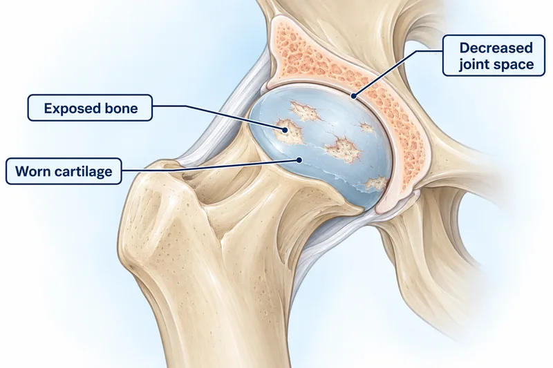 Labeled illustration of a hip joint with osteoarthritis: the cartilage on the ball of the thigh bone is worn, patches of bone are exposed, and the joint space between the ball and socket is decreased.