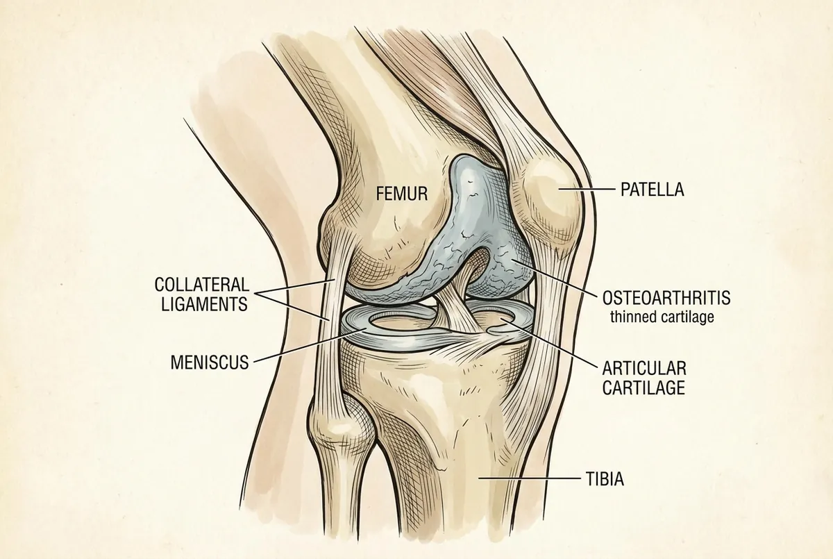 Anatomical cross-section of the knee joint showing thinned articular cartilage between the femur and tibia, the pattern behind 'bone on bone' osteoarthritis.