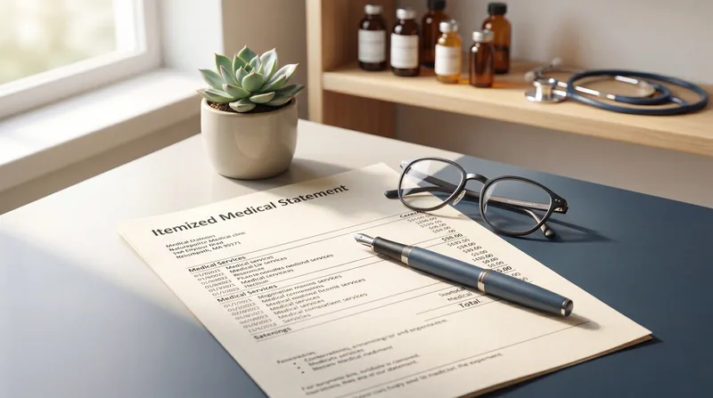 An itemized medical statement on a clinic desk, the kind of superbill patients submit to a health care sharing ministry for possible stem cell or PRP reimbursement.