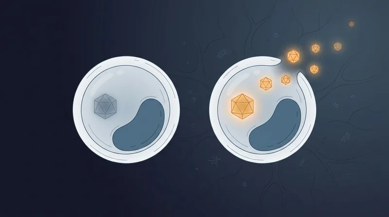 Illustration of Epstein-Barr virus dormant inside an immune cell and then reactivating and releasing new virus particles, from an EBV reactivation article by Regenerative Performance in Gilbert, AZ