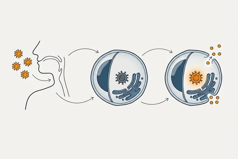 Diagram of the Epstein-Barr virus cycle, from first infection to dormancy inside immune cells to reactivation under immune strain