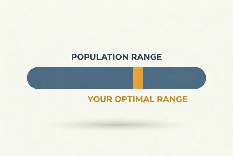 Diagram comparing a wide population reference range to one person's much narrower optimal range