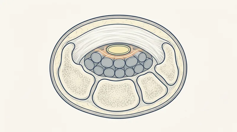 Illustration of the median nerve at the wrist beneath the transverse carpal ligament, with a translucent ring of injected fluid around the nerve confirming its separation from the ligament during ultrasound-guided nerve hydrodissection