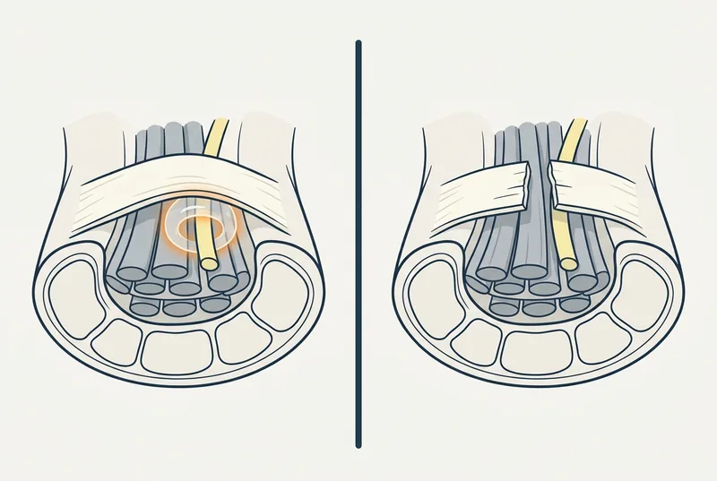 Illustration of the median nerve at the wrist separated from the transverse carpal ligament, with the ring of injected fluid around the nerve confirming the separation under ultrasound guidance