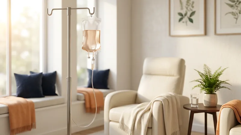 A calm, physician-supervised IV infusion suite at Regenerative Performance with an IV bag on a stainless pole and an infusion chair, no patients shown