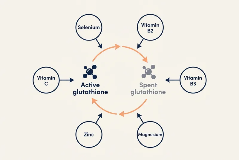Diagram of the glutathione recycling cycle: active glutathione and spent glutathione connected by circular arrows, with cofactor nutrient badges for selenium, vitamin B2, vitamin B3, magnesium, zinc, and vitamin C feeding into the cycle