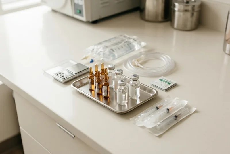 Vials and saline bag for a physician-ordered IV nutrient formulation on a clinic preparation tray