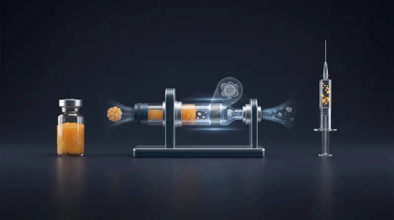 Microfragmented adipose tissue processing, from a harvested fat sample through a mechanical processing device to a syringe of cell-rich fat clusters