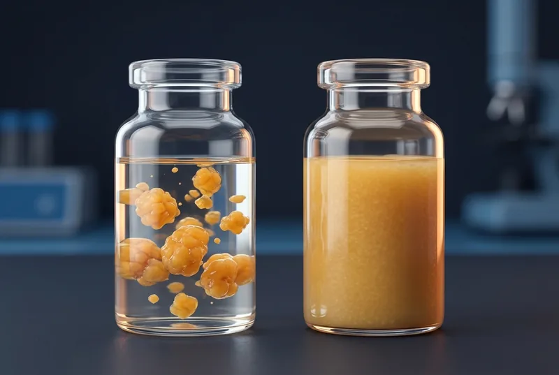 Two laboratory vials side by side, microfat with larger golden tissue clusters on the left and nanofat as a finer smooth emulsion on the right