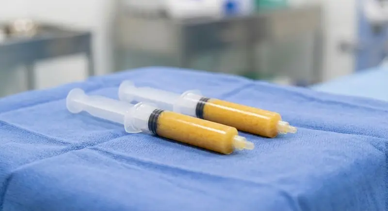 Two syringes filled with processed, golden-colored microfragmented fat (MFAT), resting on a blue clinical towel and ready for injection