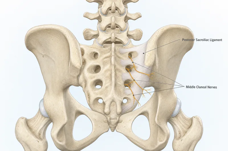 Medical illustration of the posterior pelvis showing the middle cluneal nerves crossing the posterior sacroiliac ligament