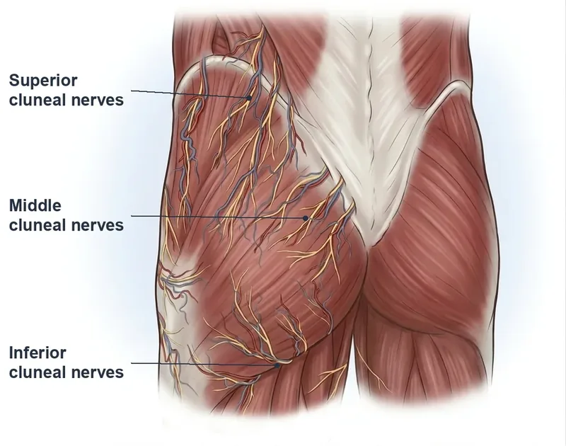 Superior, middle, and inferior cluneal nerves branching across the low back and buttock musculature