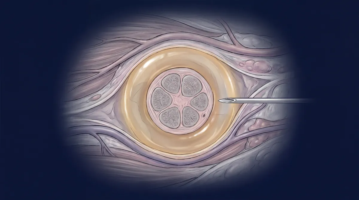 Ultrasound-guided peripheral nerve hydrodissection. Fluid bolus circumferentially surrounds the nerve under real-time imaging.