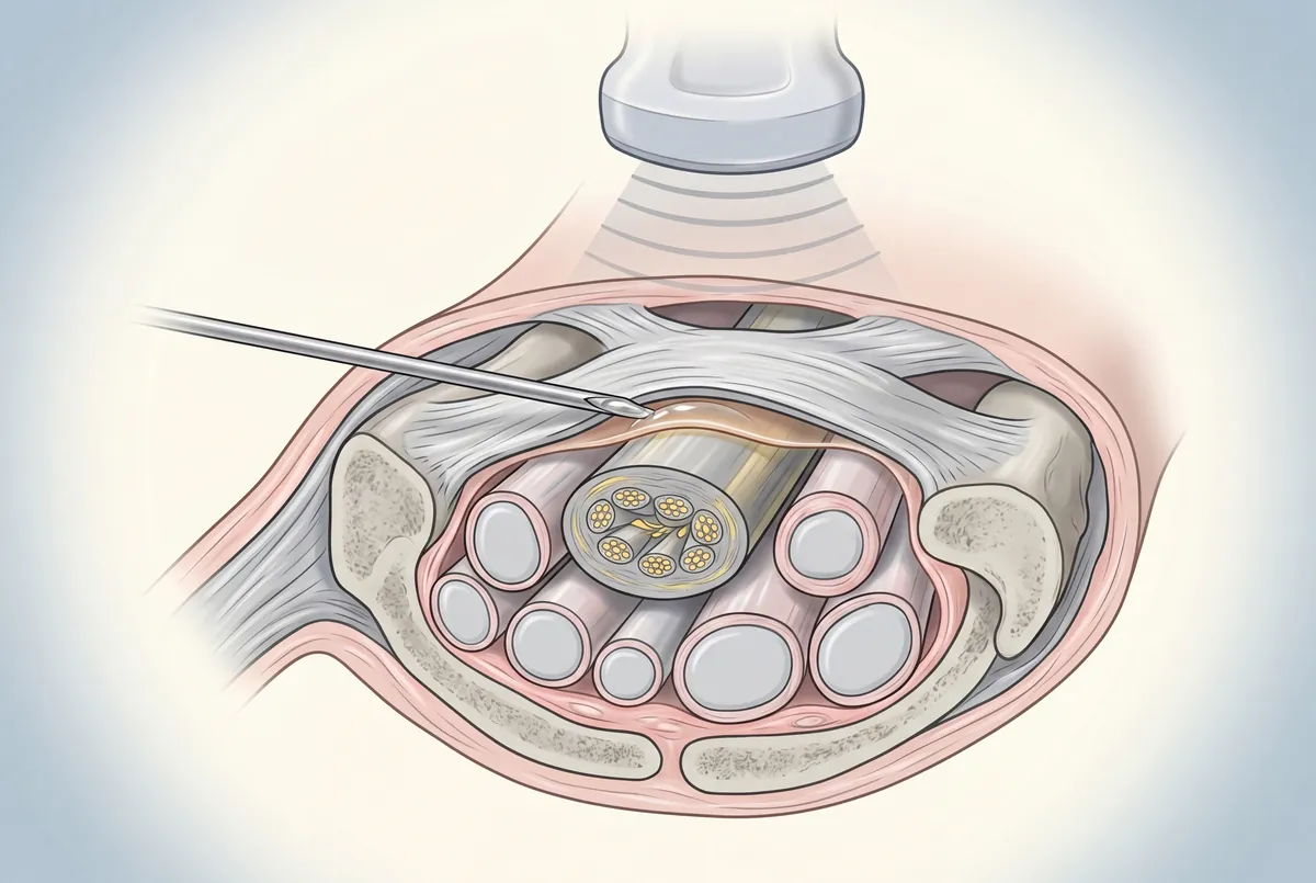 Median nerve cross-section at the carpal tunnel with ultrasound-guided needle approach. Fluid bolus lifts the transverse carpal ligament off the nerve.