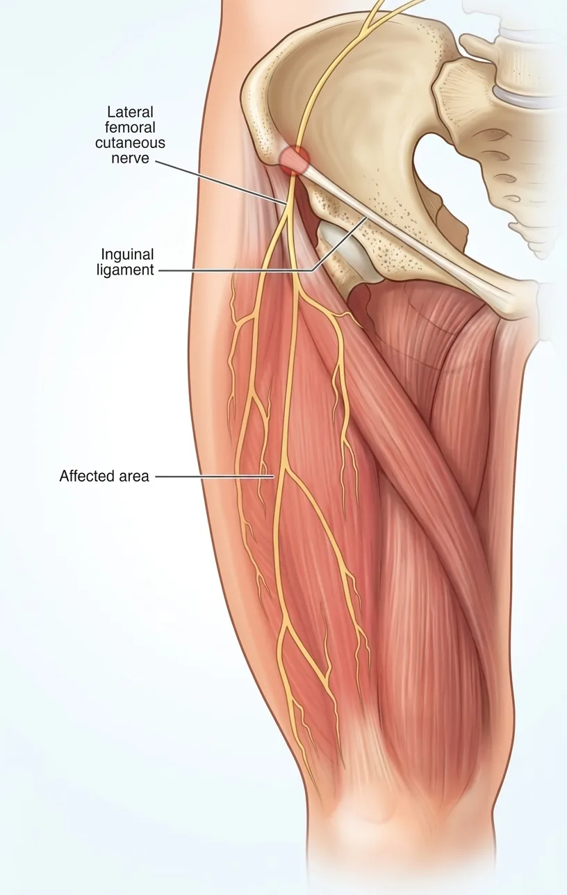Anatomical illustration of the lateral femoral cutaneous nerve compressed near the inguinal ligament at the front of the hip, the entrapment site in meralgia paresthetica.