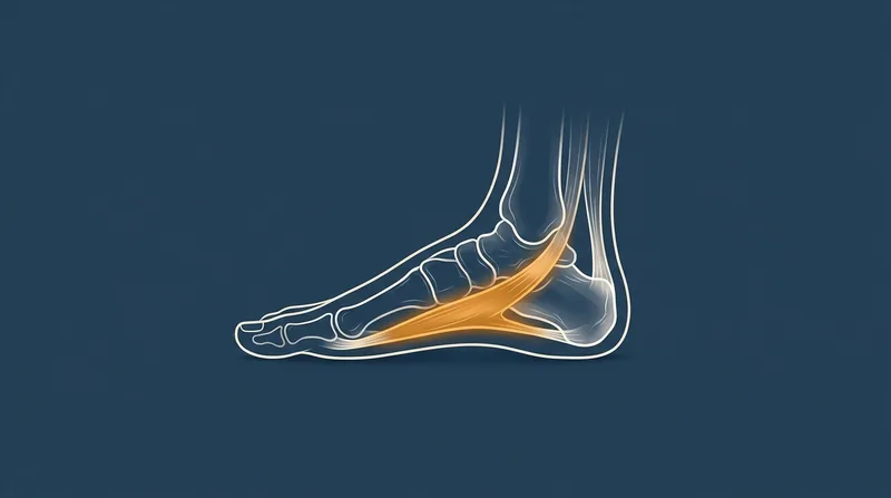Anatomical illustration of a foot in profile with the plantar fascia highlighted from the heel to the toes