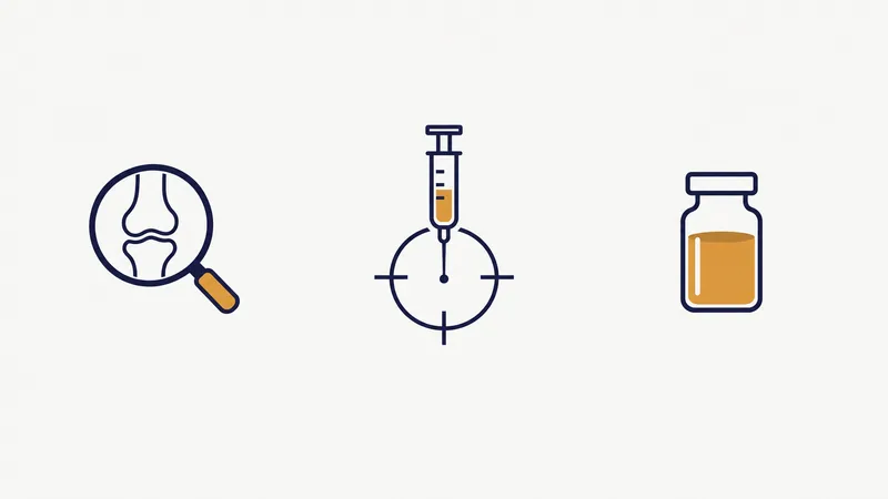 Three icons for what to check after a failed PRP injection: a magnifying glass over a joint for the diagnosis, a syringe with its needle tip on the center of a crosshair for the injection target, and a vial of golden PRP for the platelet dose