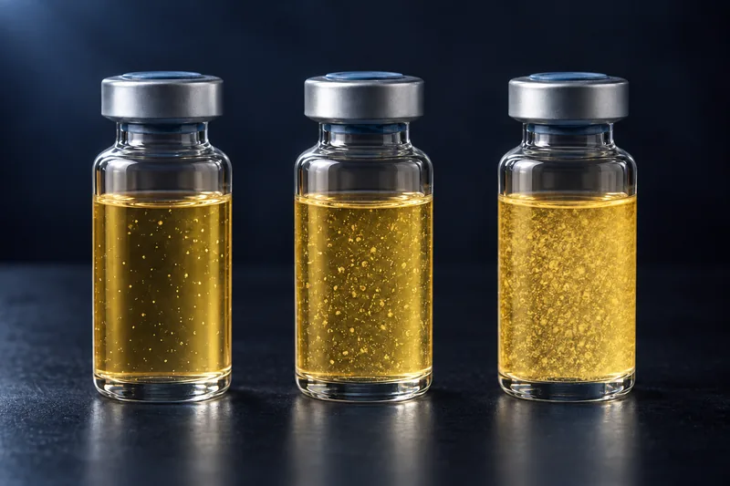 Three identical vials of golden PRP holding visibly different densities of suspended particles, illustrating differences in platelet dose between PRP samples.