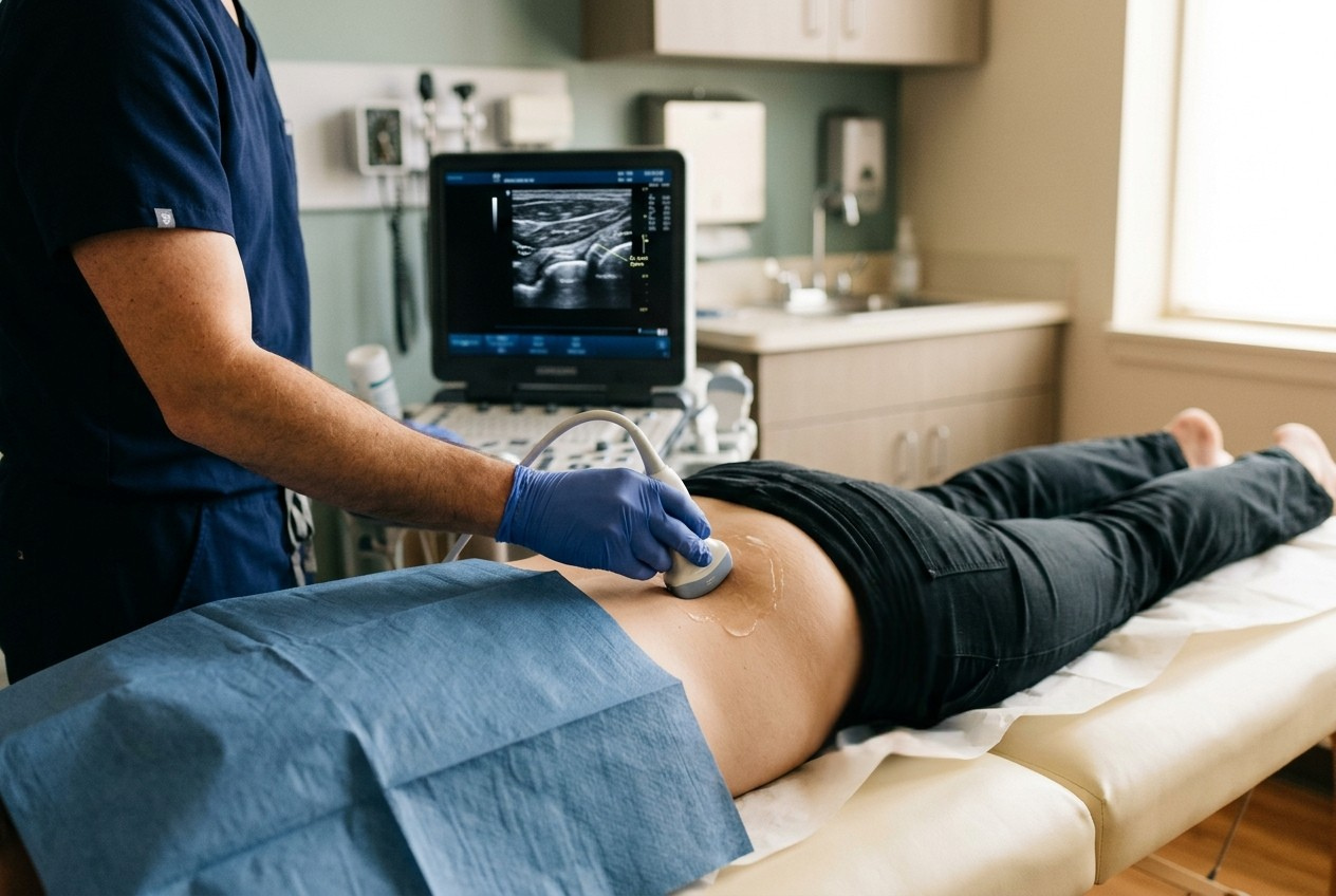 Ultrasound-guided evaluation of the lower back and sacroiliac joint region at Regenerative Performance in Gilbert, Arizona