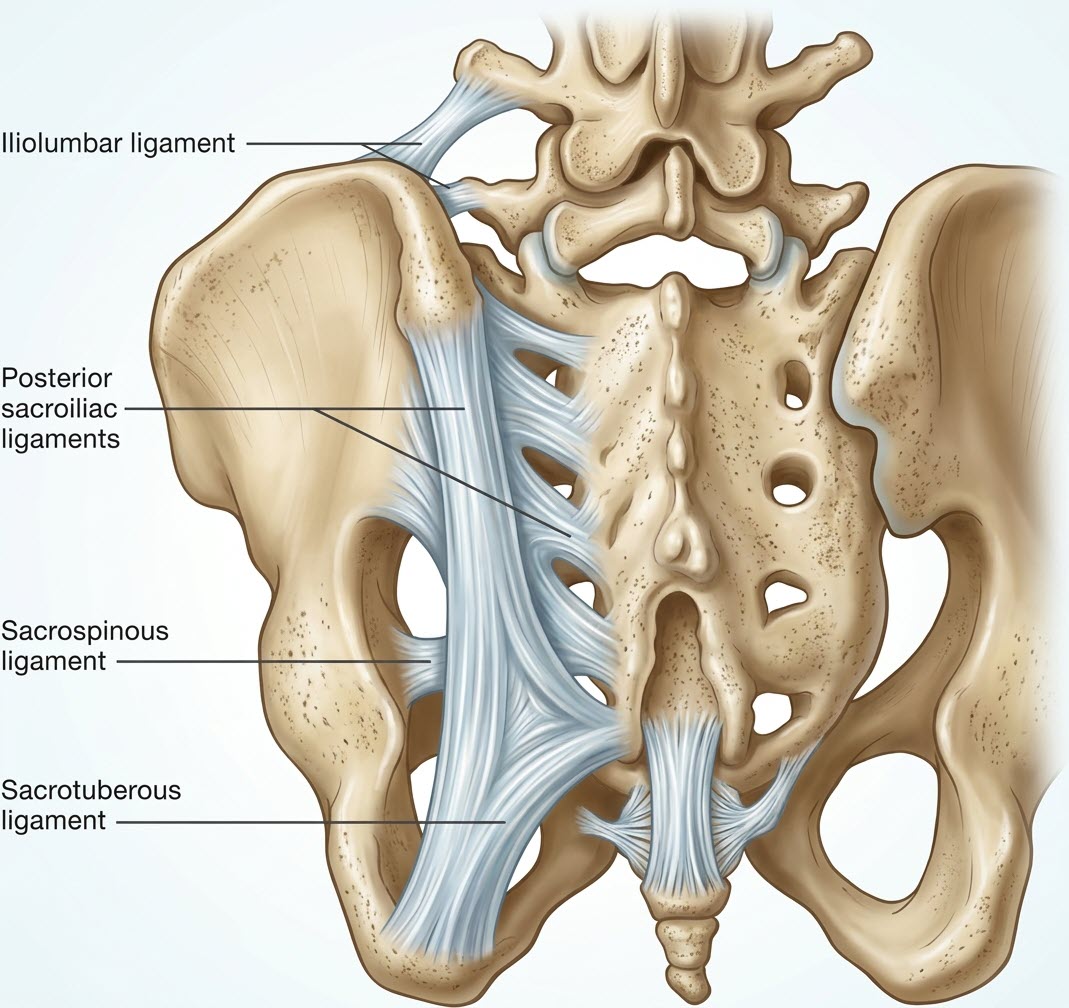 Posterior anatomical view of the sacroiliac joint with its supporting ligaments labeled: iliolumbar, posterior sacroiliac, sacrospinous, and sacrotuberous ligaments
