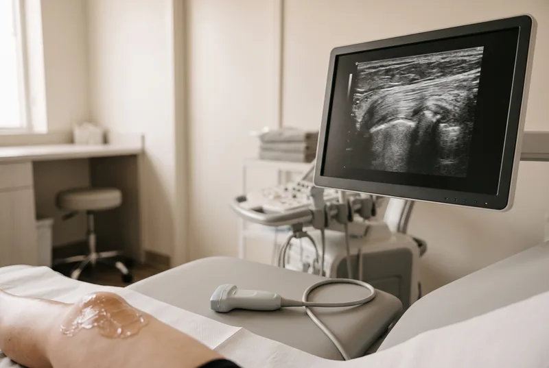 Ultrasound monitor displaying a grayscale musculoskeletal scan, with a gel-covered knee and a linear transducer on the exam table in the foreground
