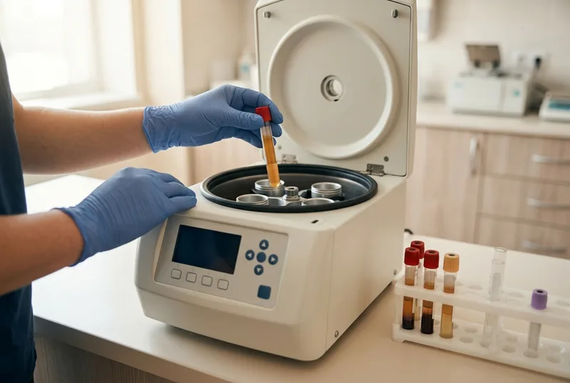 Gloved hands loading a tube of bone marrow concentrate into a centrifuge during same-visit BMAC processing