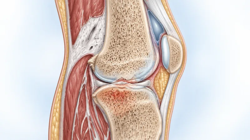 Illustrated side-view cross-section of a knee with osteoarthritis, showing worn articular cartilage and a narrowed joint space between the femur and tibia, with bone marrow edema in the tibial plateau beneath the damaged cartilage