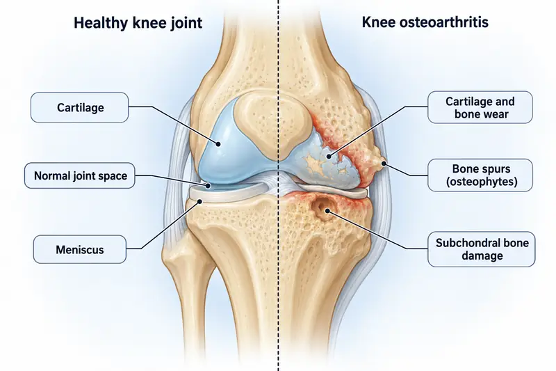 Split anterior illustration comparing a healthy knee joint on the left, with intact cartilage, normal joint space, and meniscus, to an osteoarthritic knee on the right, showing cartilage and bone wear, bone spurs (osteophytes), and subchondral bone damage
