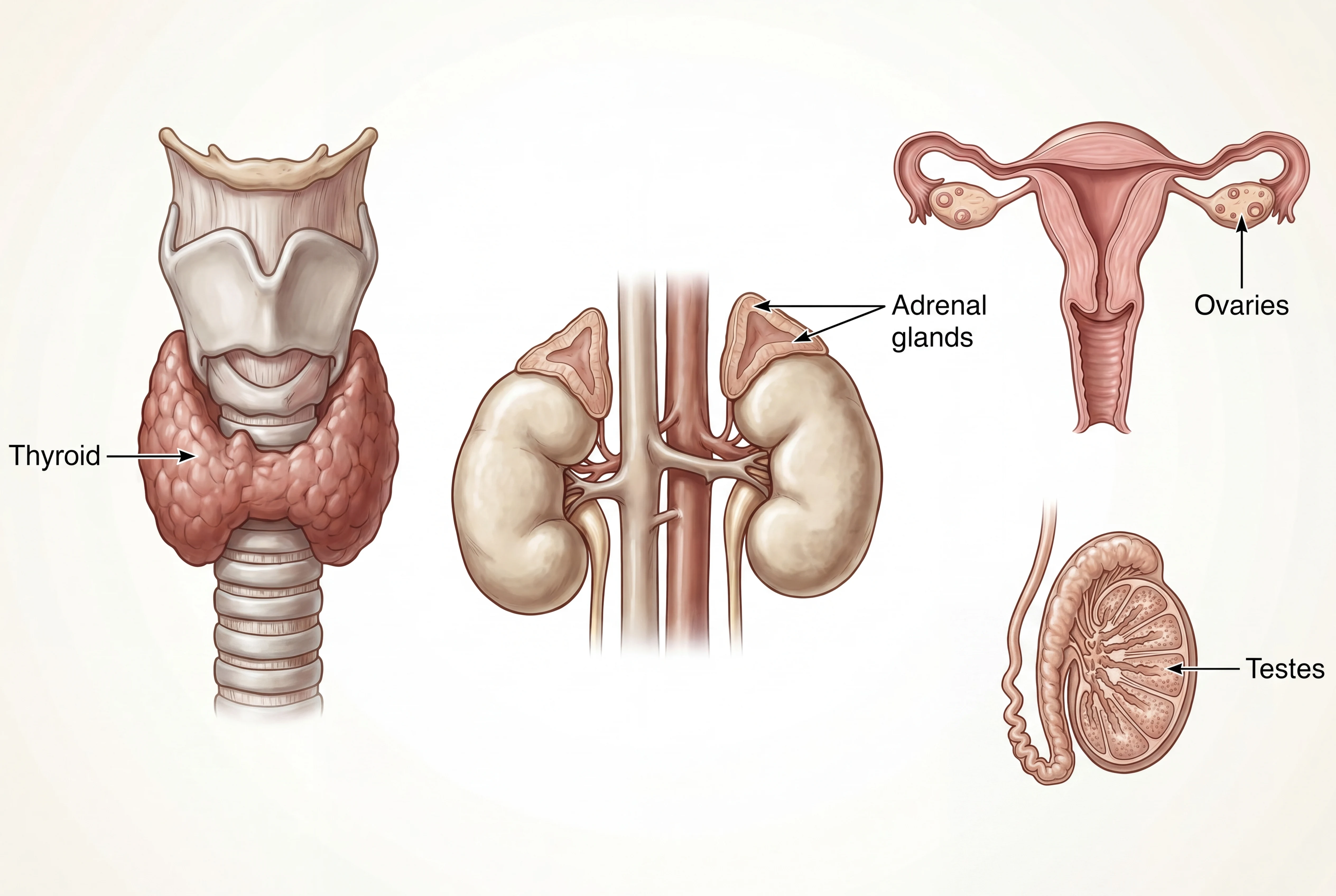 Anatomical illustration of the thyroid, adrenal glands, ovaries, and testes — the endocrine systems evaluated together in a comprehensive naturopathic hormone workup.