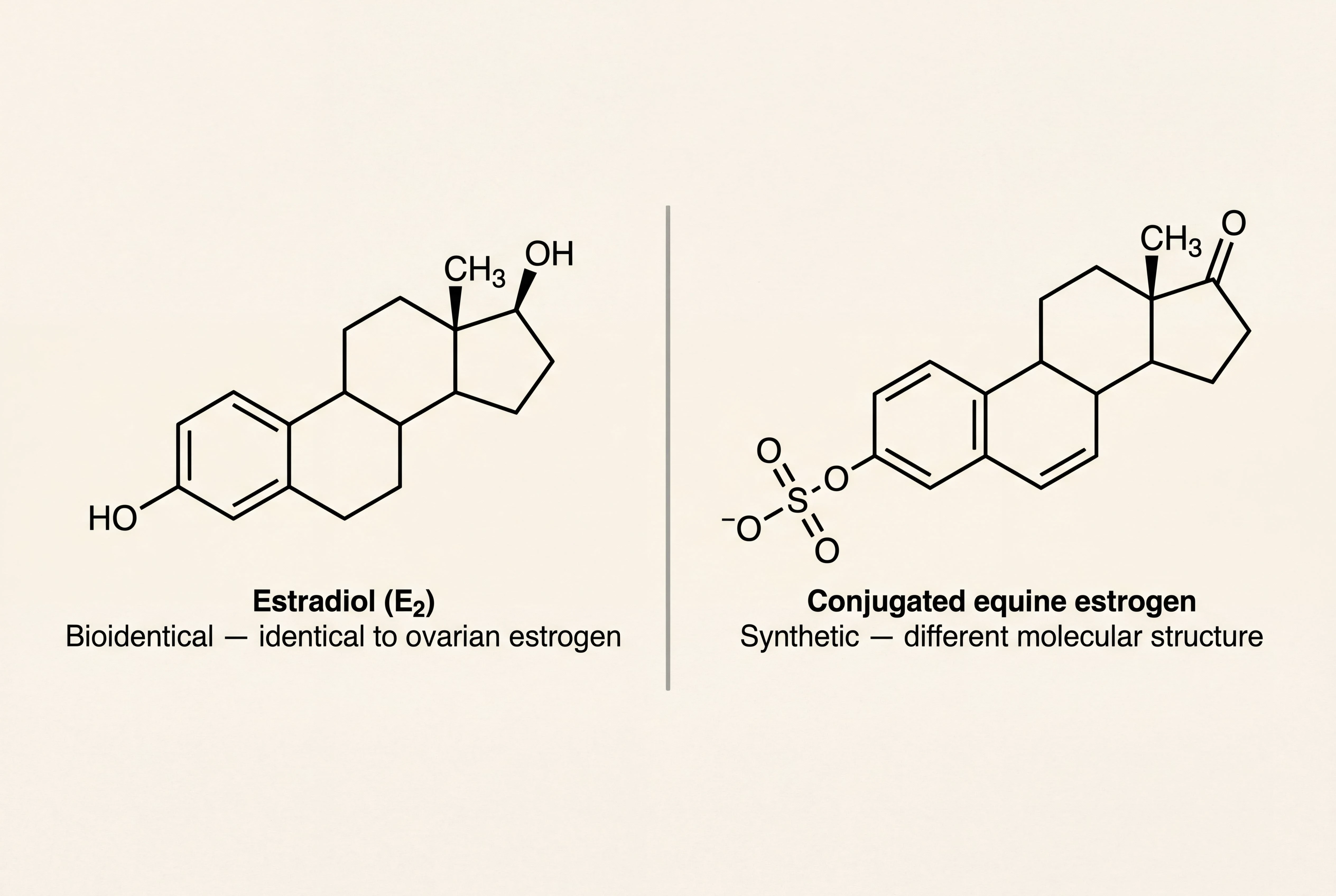 Side-by-side molecular structures showing bioidentical estradiol on the left and conjugated equine estrogen on the right, illustrating that the molecular structures differ.