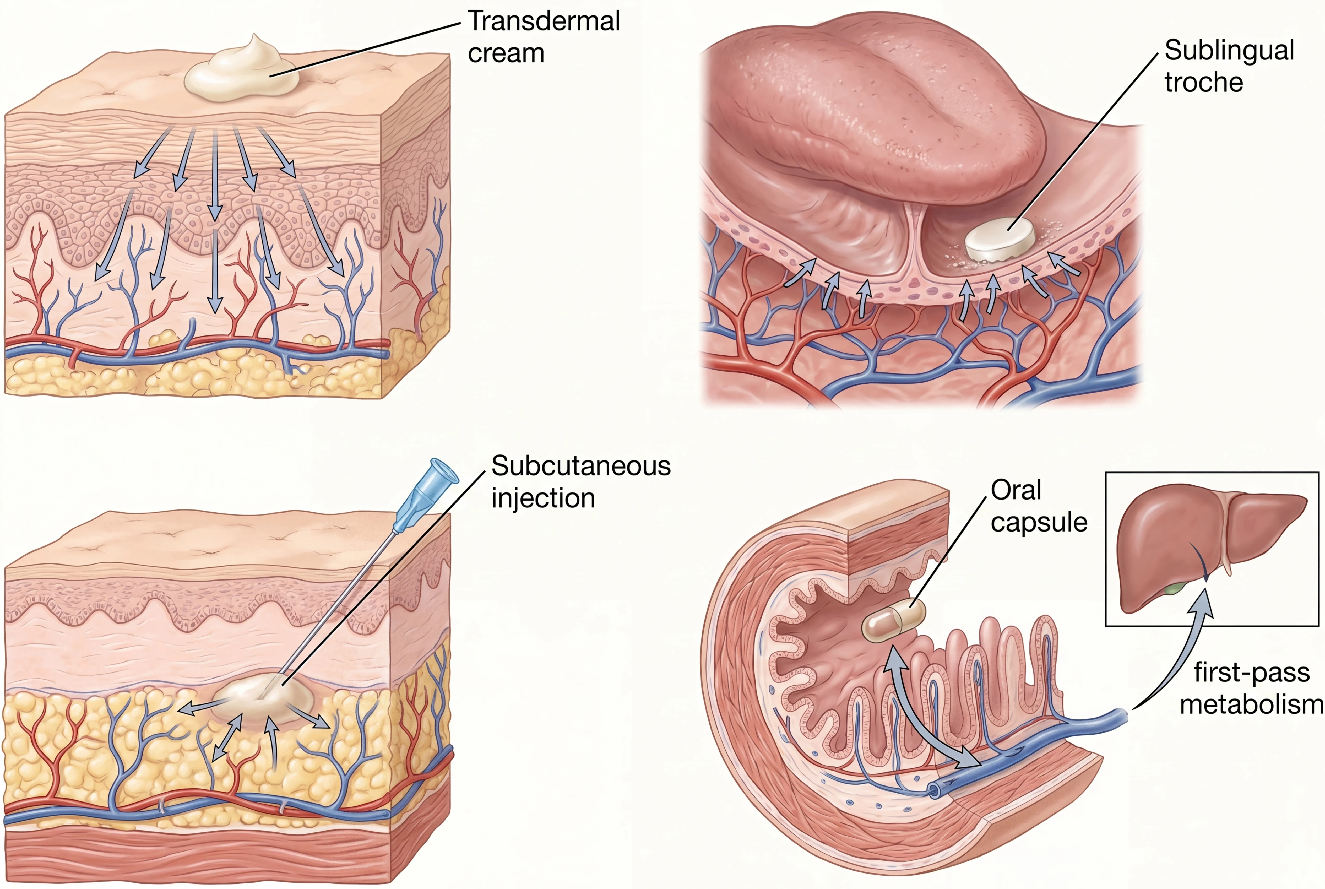 Cross-section illustrations of four hormone delivery routes: transdermal cream through skin, sublingual troche through oral mucosa, subcutaneous injection depot, and oral capsule with first-pass liver metabolism.