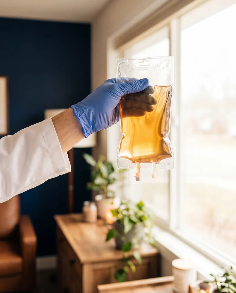 Physician-supervised IV nutrient bag inspected against window light at Regenerative Performance in Gilbert, AZ