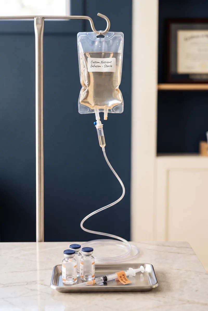 Physician-prepared IV nutrient infusion at Regenerative Performance: bag, line, vials, and labeled syringe ready for delivery