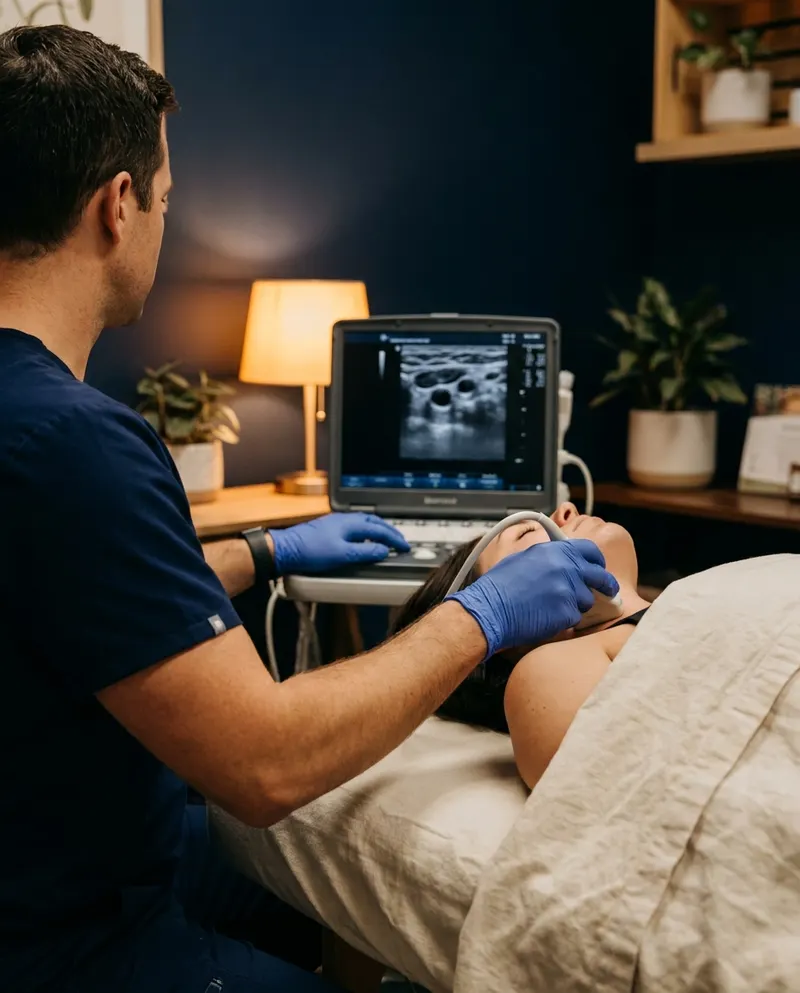 Physician performing ultrasound-guided assessment of the vagus nerve, holding a linear transducer on a patient's neck while viewing the scan on the ultrasound monitor