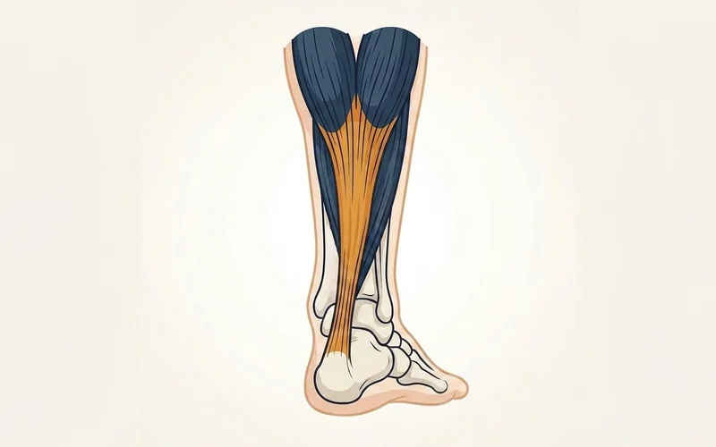 Illustration of the posterior lower leg showing the calf muscles joining to form the Achilles tendon at the heel