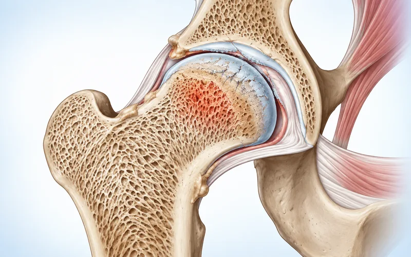 Illustrated front-view cross-section of a hip with osteoarthritis: worn cartilage on the ball of the thigh bone, narrowed joint space, a bone marrow lesion beneath the worn area.