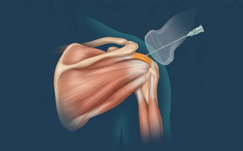Anatomical illustration of the shoulder showing the supraspinatus tendon with an ultrasound-guided injection needle