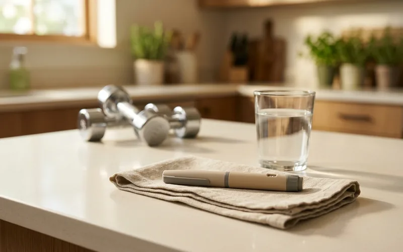 Prefilled injection pen and dumbbells on a kitchen counter, conveying GLP-1 therapy paired with strength training