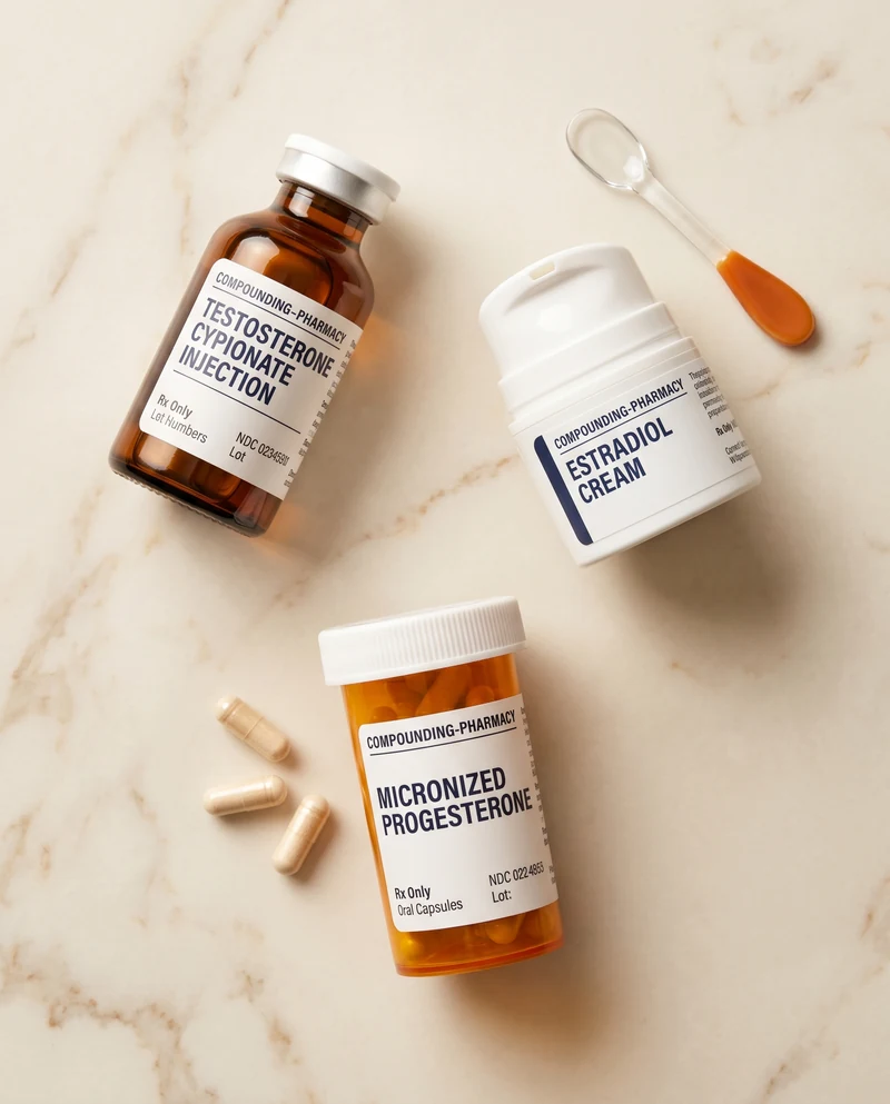 Bioidentical hormone preparations: testosterone cypionate injectable vial, estradiol compounded cream, and oral micronized progesterone capsules