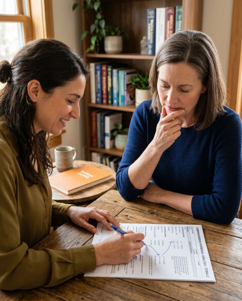 Patient reviewing lab results with a clinician — recognizing the patterns that prior workups missed