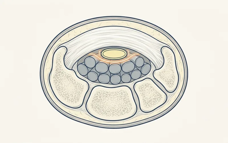 Illustration of the median nerve at the wrist being separated from the transverse carpal ligament by a ring of injected fluid under ultrasound guidance