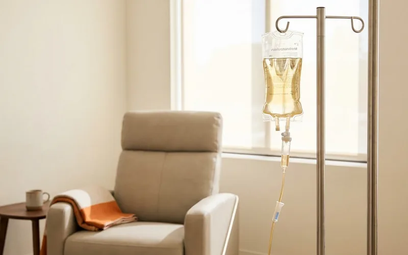 IV nutrient therapy bag and infusion chair in a naturopathic clinic room in Gilbert, AZ