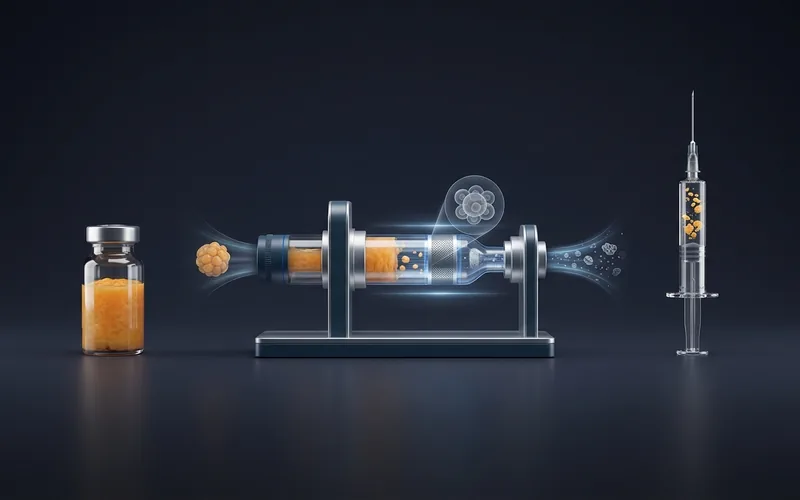 Microfragmented adipose tissue processing, from a harvested fat sample through a mechanical processing device to a syringe of cell-rich fat clusters