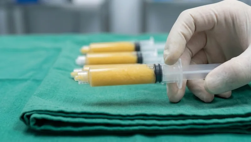 Microfragmented adipose tissue syringe used in stem cell therapy